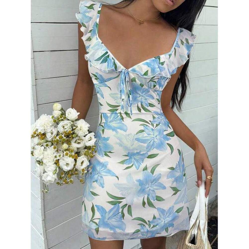 EZwear Blue Ditsy Floral Mini Dress, , Bohemian Style